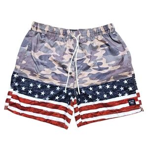 Spicy Tuna Men's Swim Trunks L Camo USA Flag Board Shorts 6" Inseam Cut Liner
